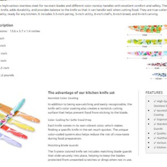 10 pc - Multicolored Fruit Kitchen Knife Set - Nonstick w/ 5 Blade Guards - Picture 8 of 11